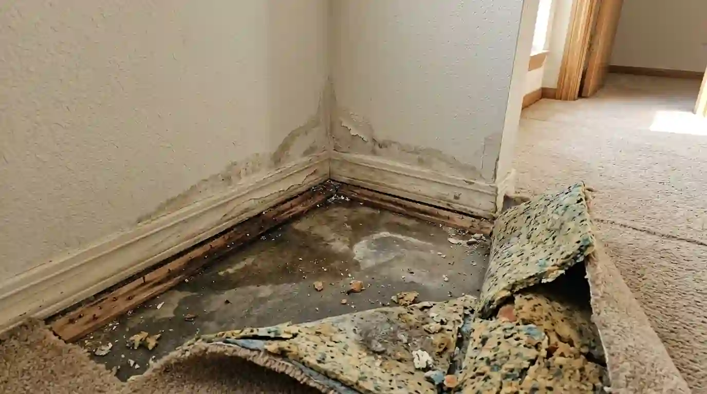 Carpet and pad pulled back from a wet concrete slab in an Oklahoma City home
