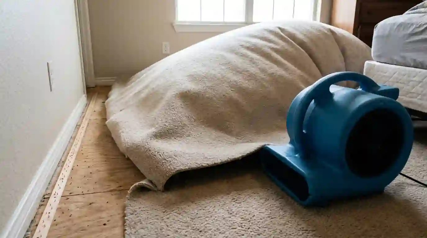 Wet carpet floated on an air mover to dry the pad side in an Oklahoma City bedroom
