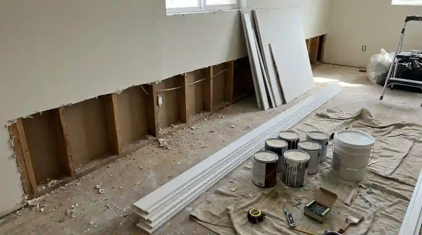 Flood cut and new drywall ready for repair