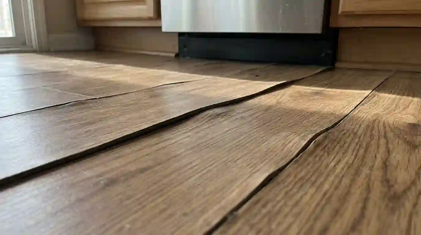 Swollen laminate seams near a dishwasher in an Oklahoma City kitchen