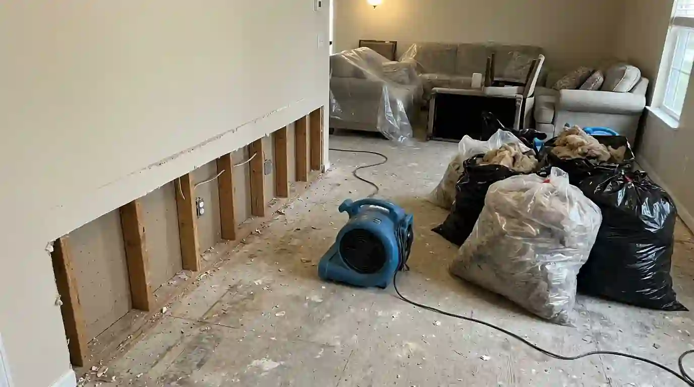 Flood cut drywall exposing studs in an Oklahoma City home