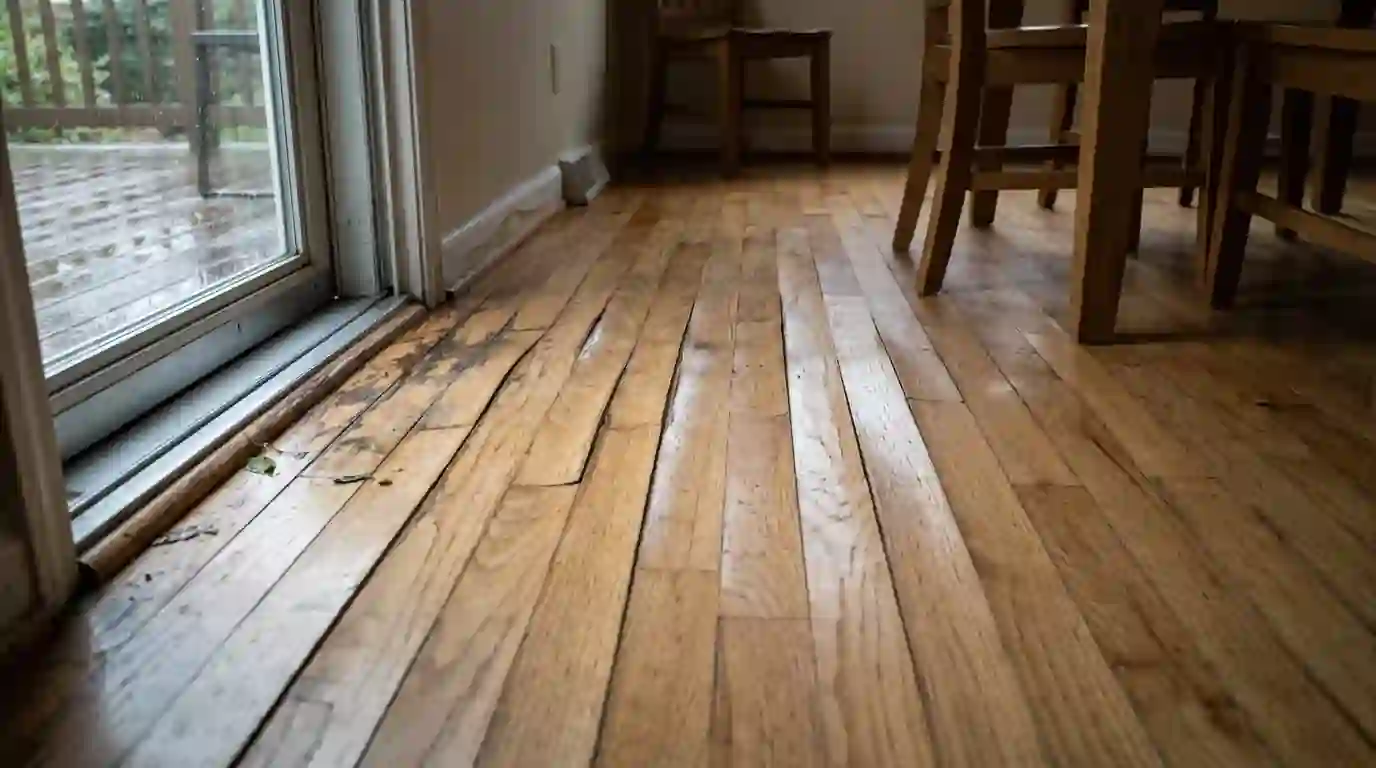 Cupped hardwood floor near an exterior door in an Oklahoma City home
