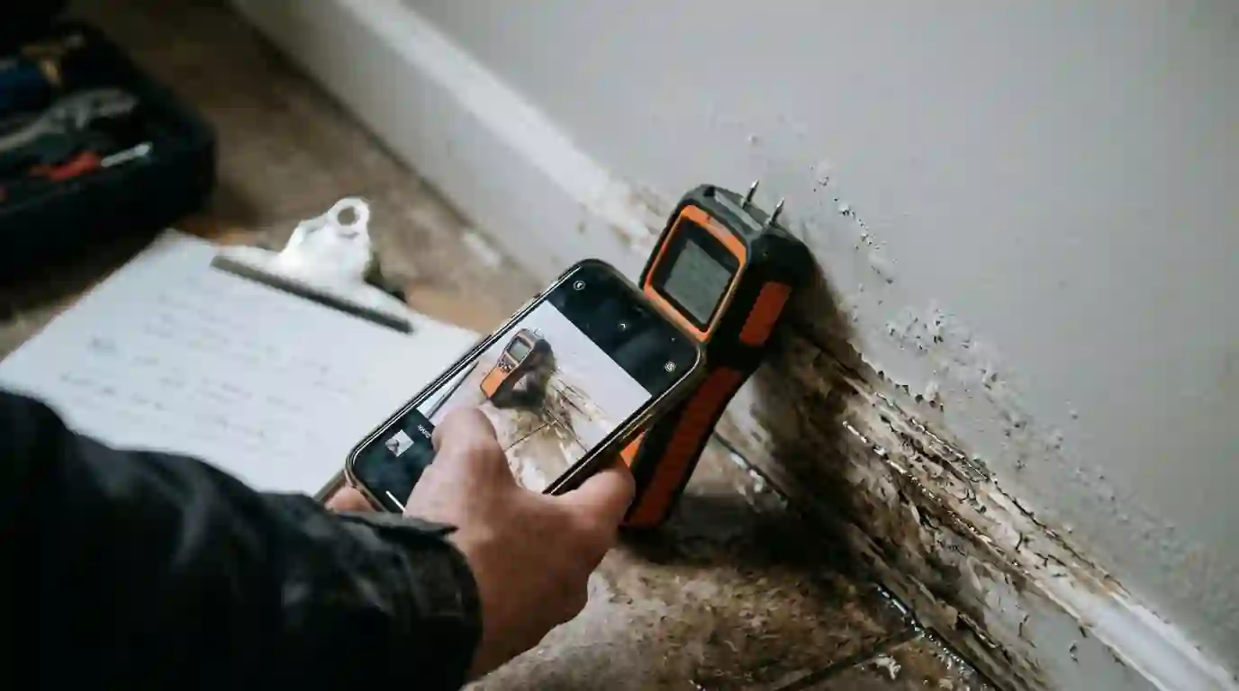 Technician photographing a wet baseboard next to a moisture meter reading