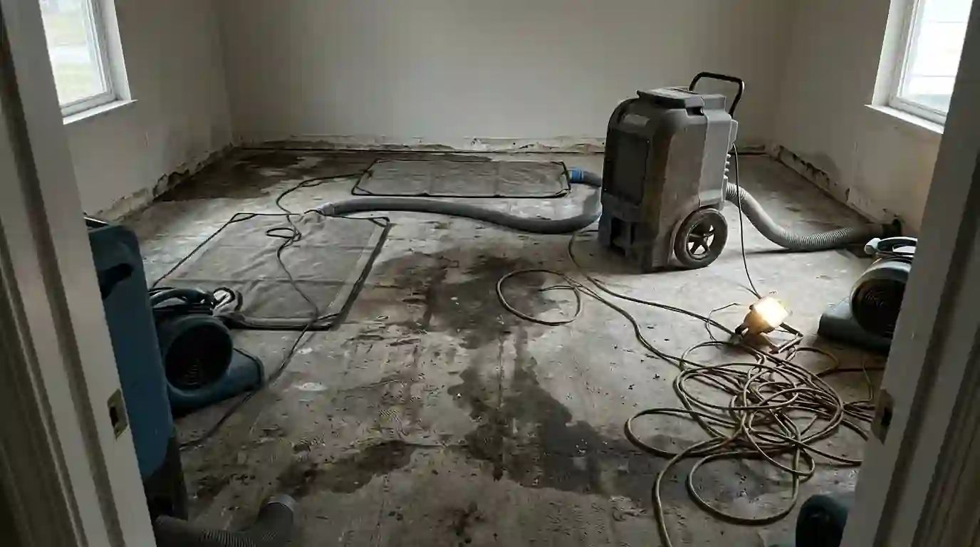 Damp slab being dried after flooring removal