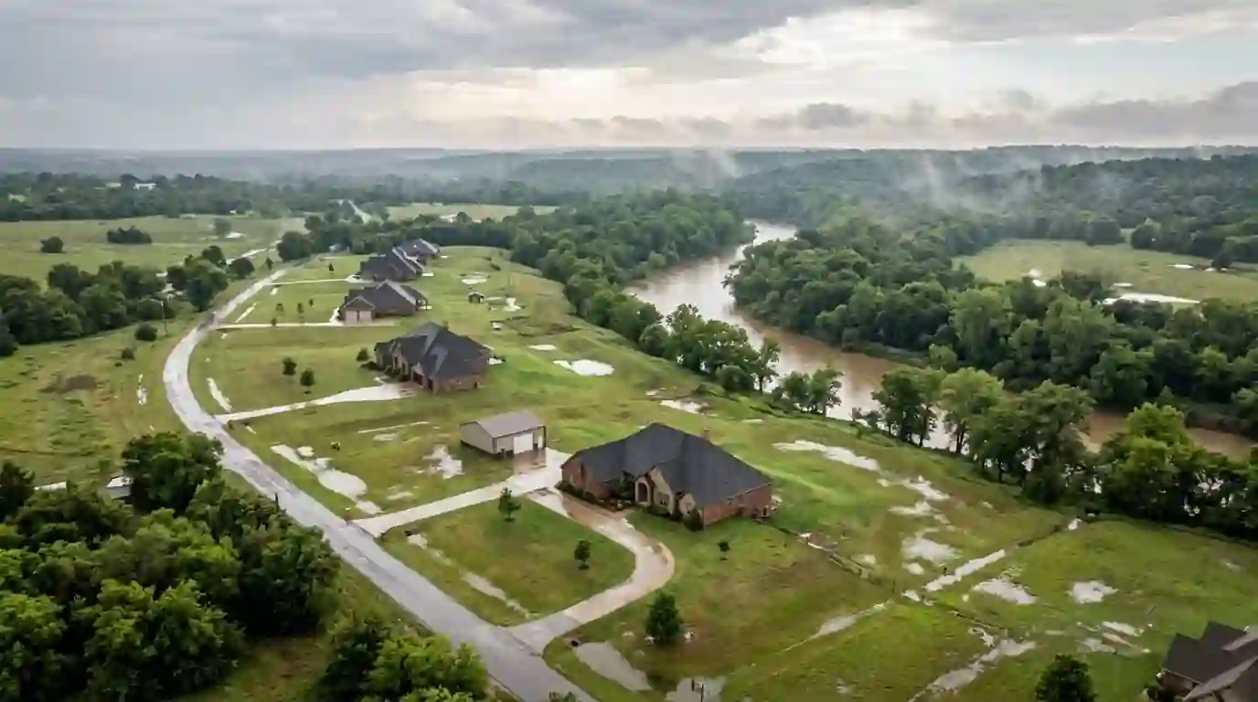 Homes on open lots in the Harrah river valley after rain