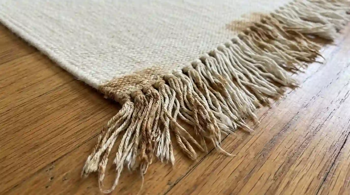 Browned fringe on a rug after water damage