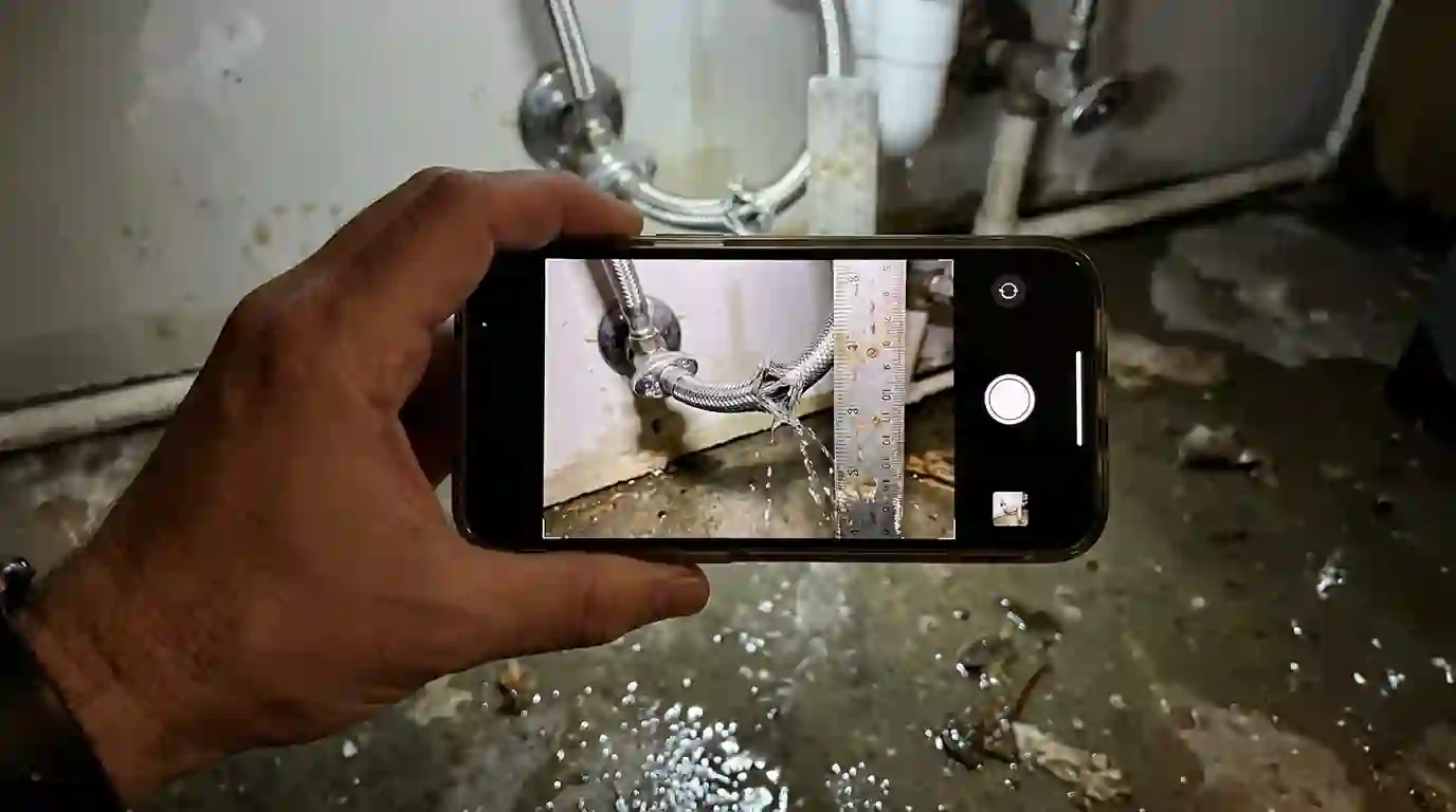 Photographing a failed supply line for an insurance claim