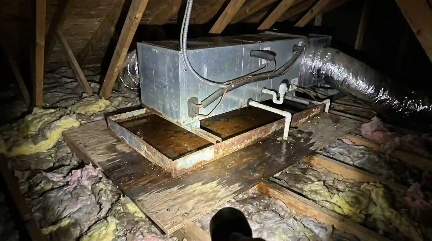 Overflowing attic AC drain pan in an Oklahoma City home