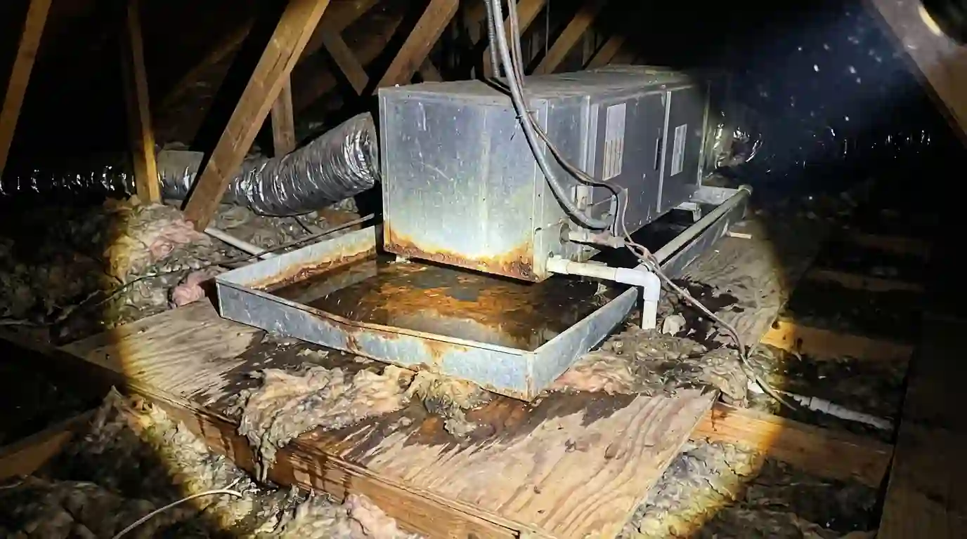 Overflowing attic AC drain pan above an Oklahoma City ceiling
