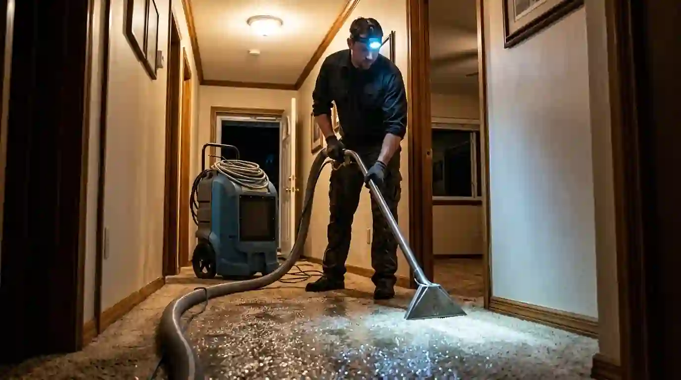 Technician extracting water from carpet in an Oklahoma City hallway at night