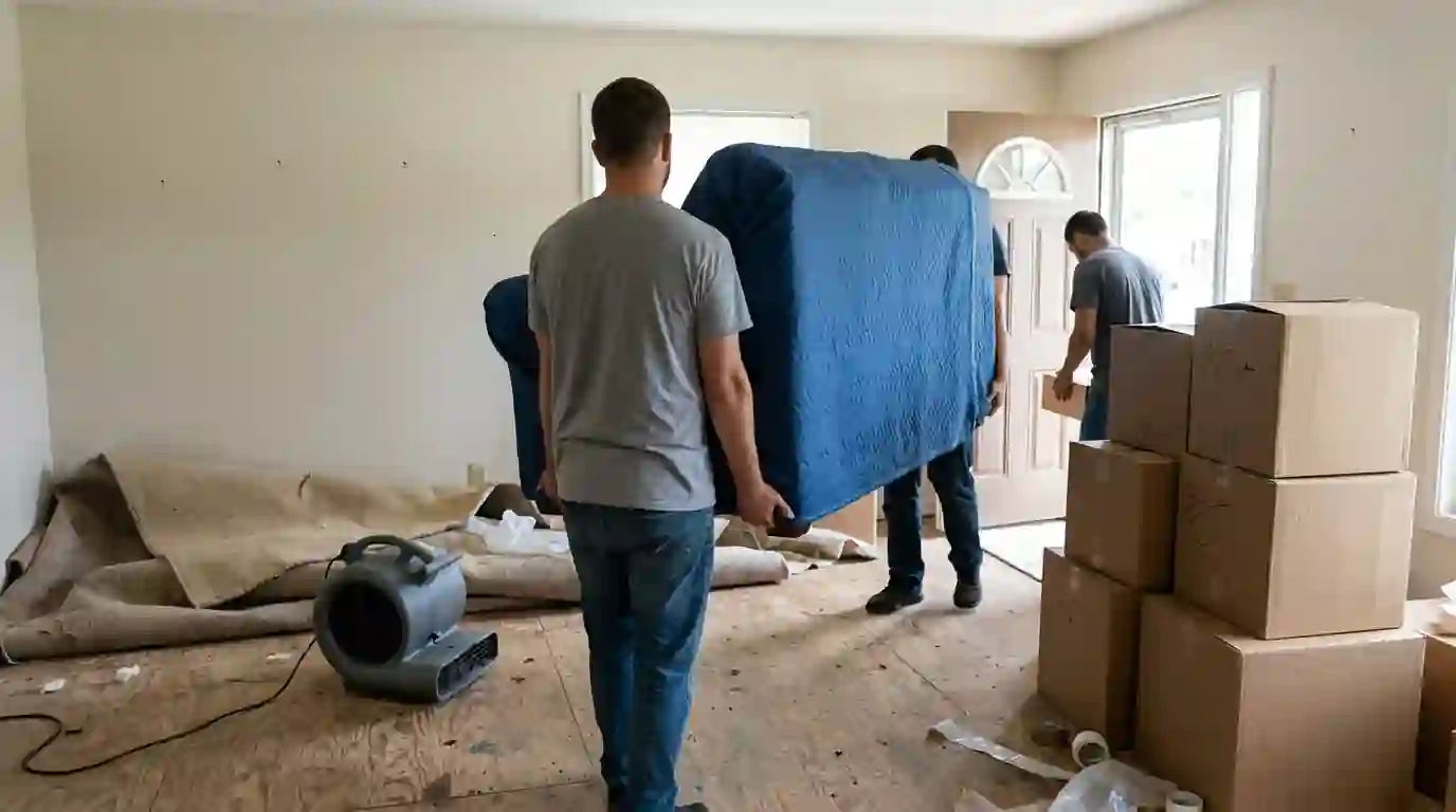 Furniture moved out of a water-damaged room in Oklahoma City