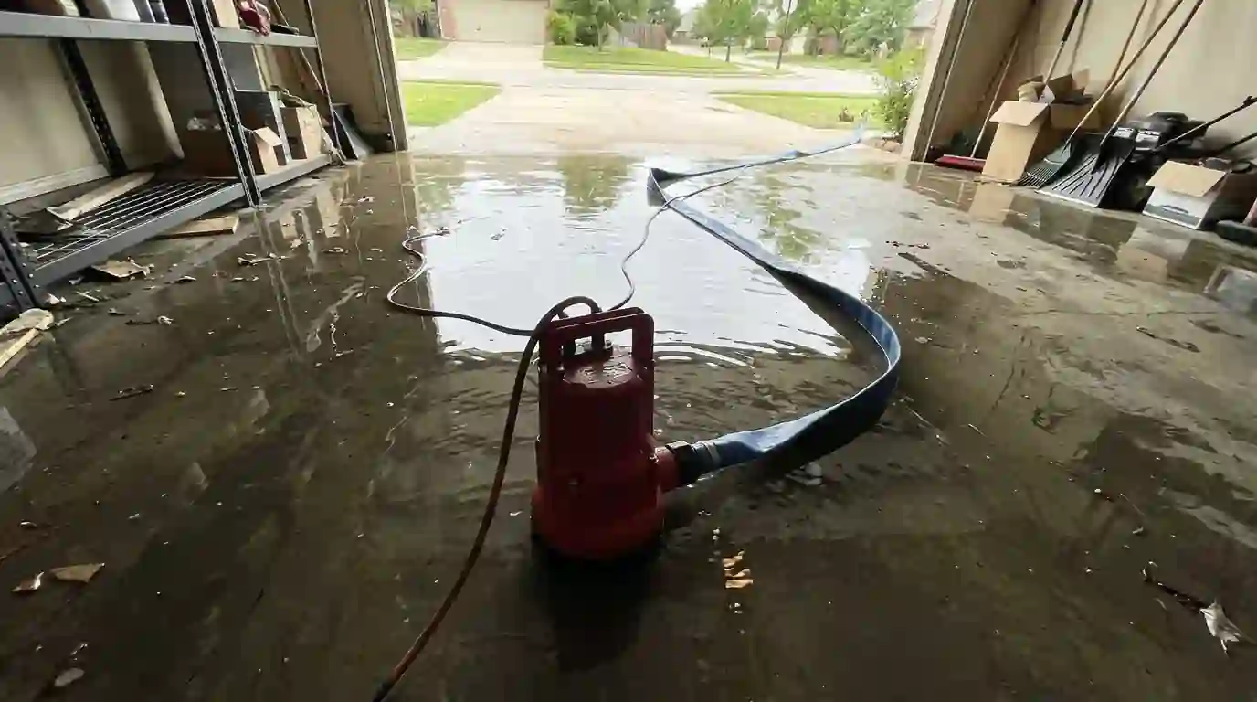 Submersible pump removing standing water from a garage in Oklahoma City