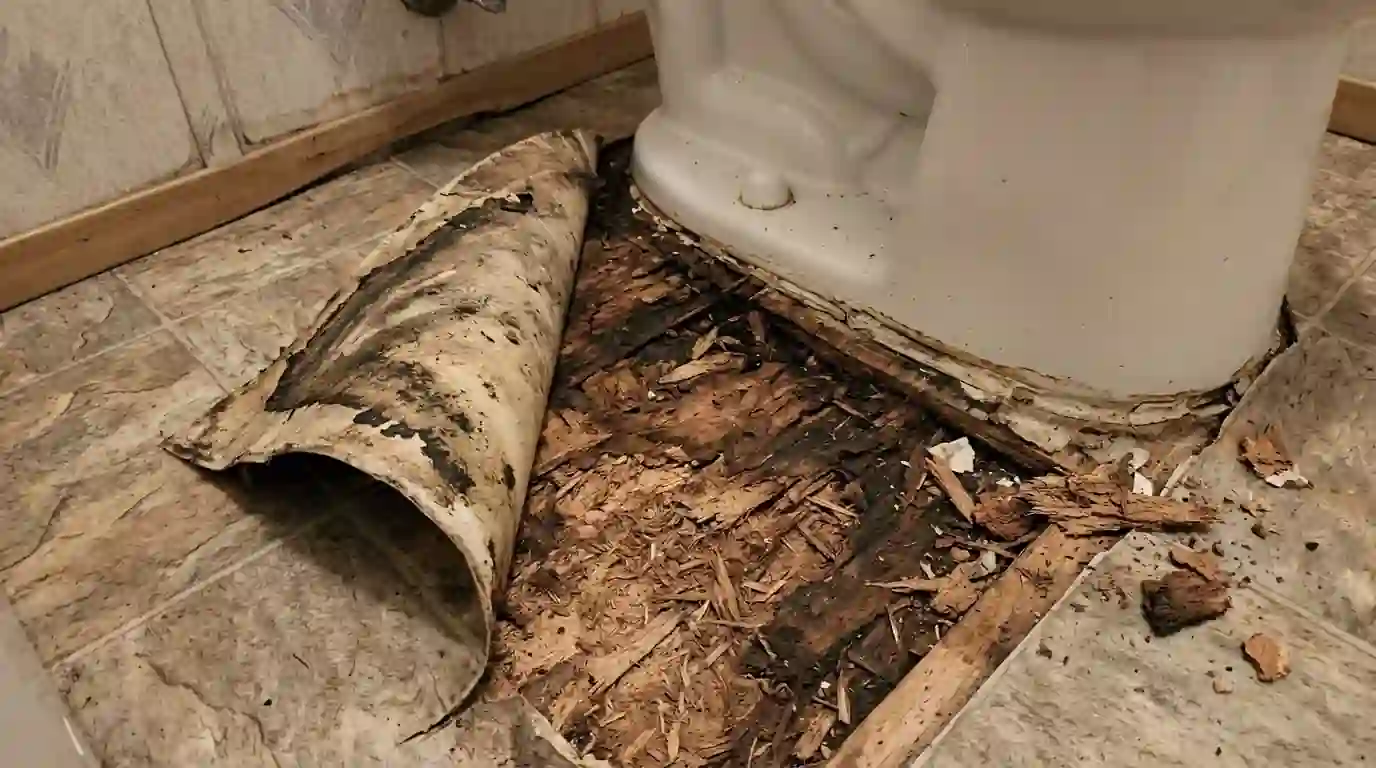 Swollen particleboard floor near a toilet in an Oklahoma City mobile home
