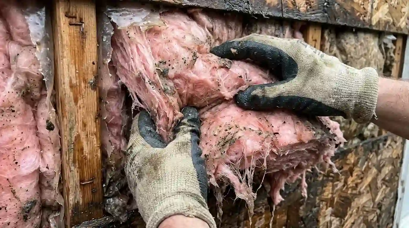Wet insulation removed from an exterior wall