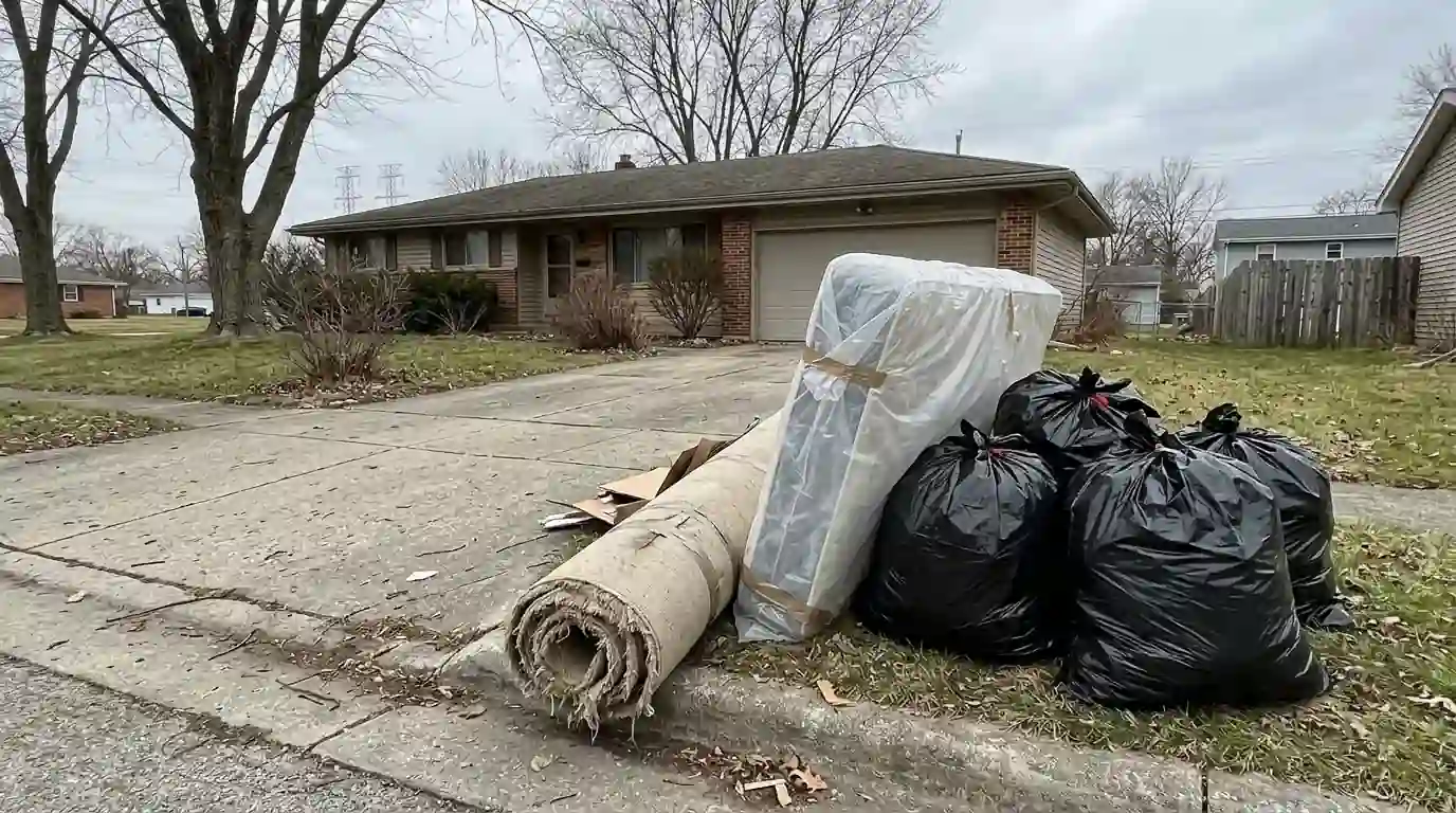 Sewage-soaked carpet and mattress staged for disposal