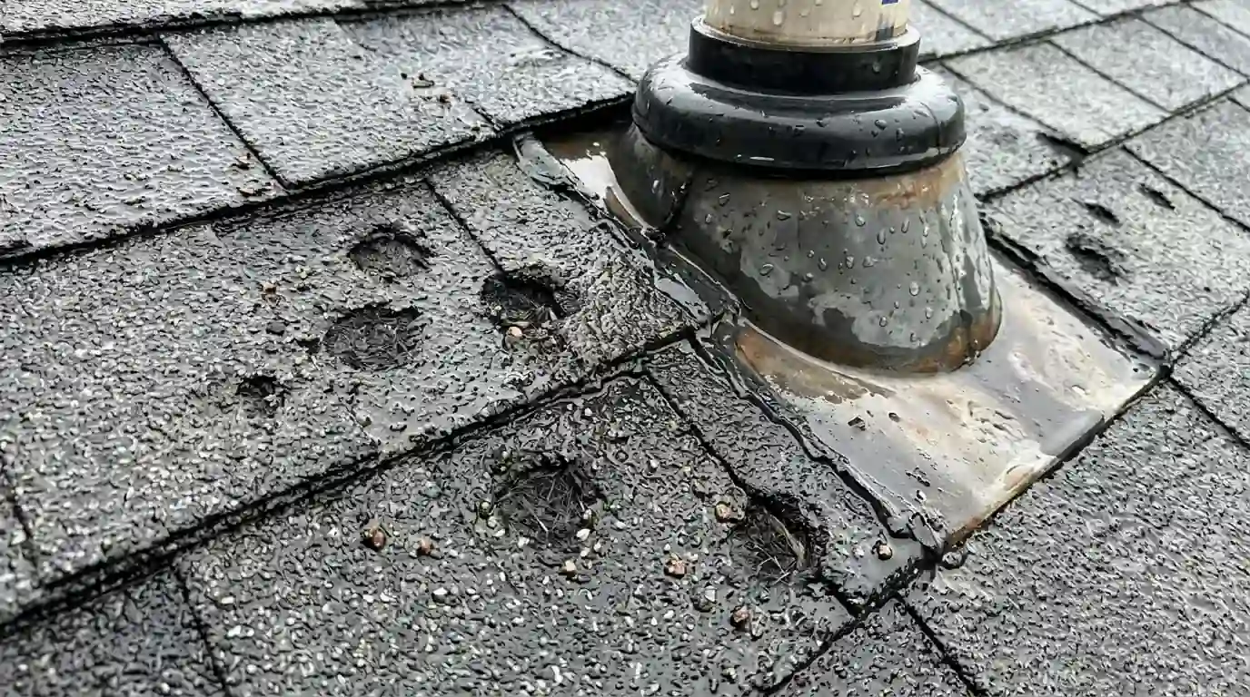 Hail-damaged shingles around a roof vent