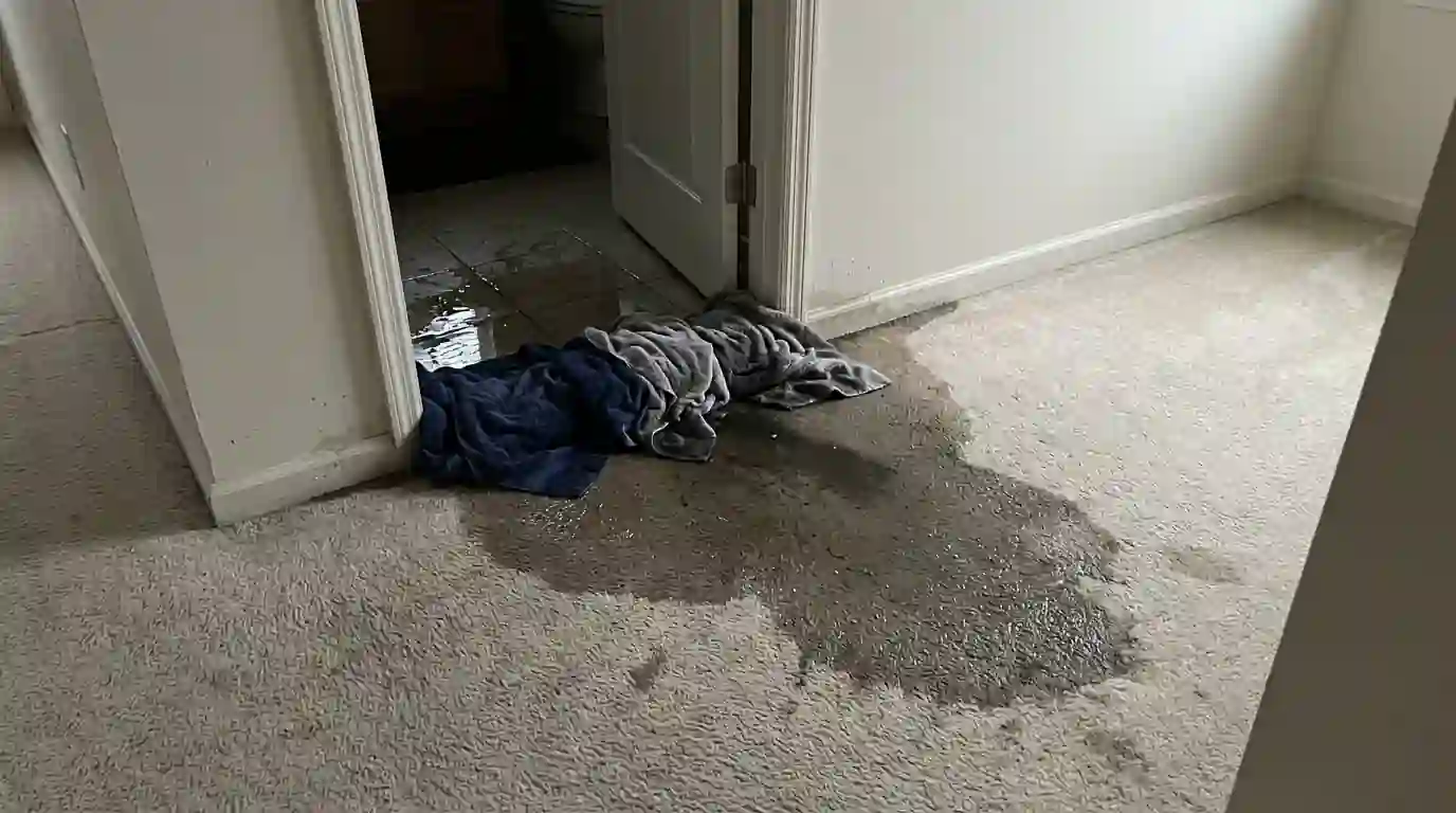 Sewage water spreading from a bathroom onto hallway carpet