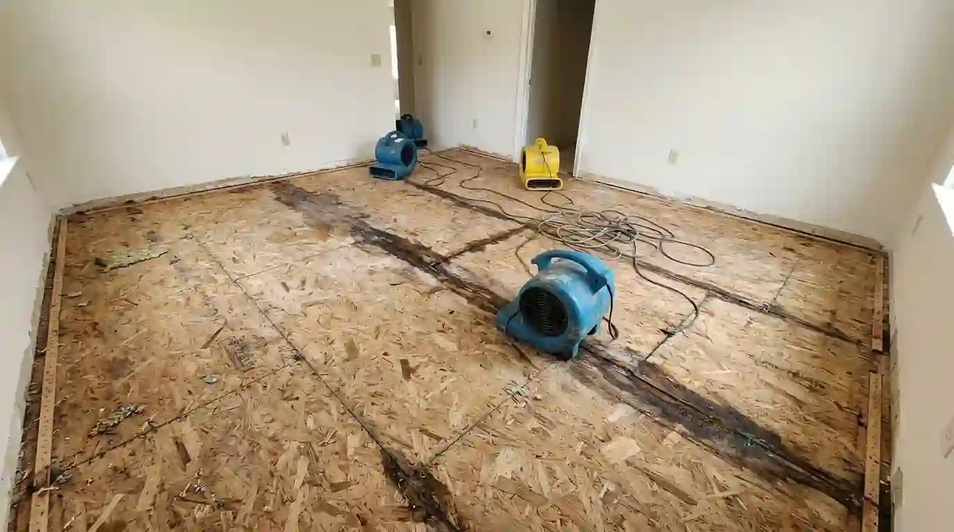 Wet OSB subfloor seams in an Oklahoma City home