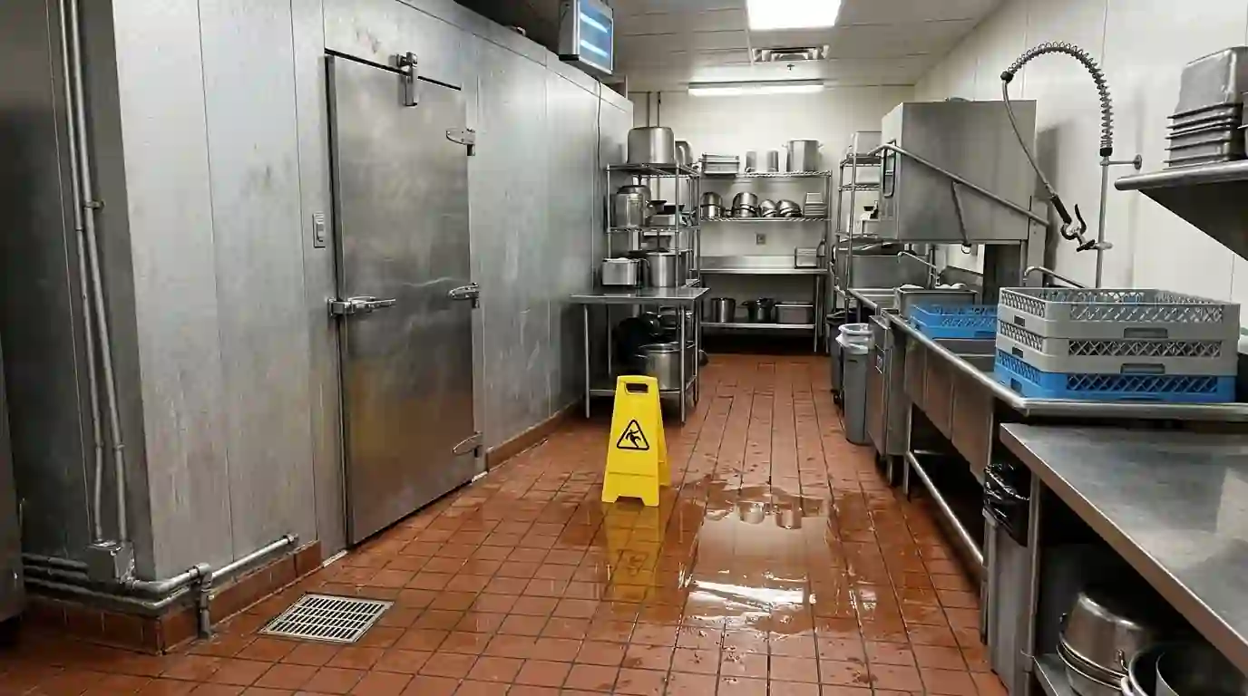 Water on a restaurant kitchen floor near a walk-in cooler