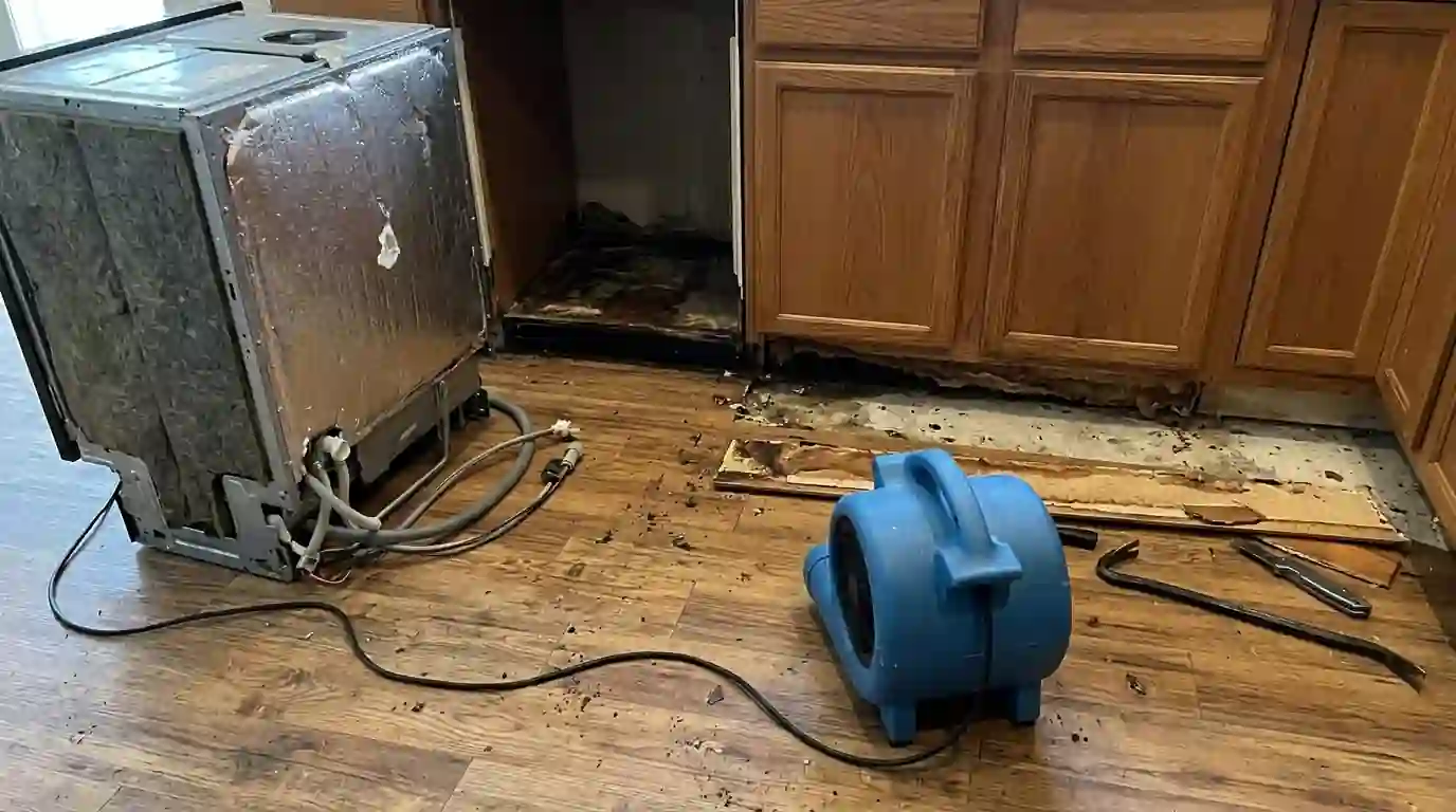 Drying under kitchen cabinets after a dishwasher leak