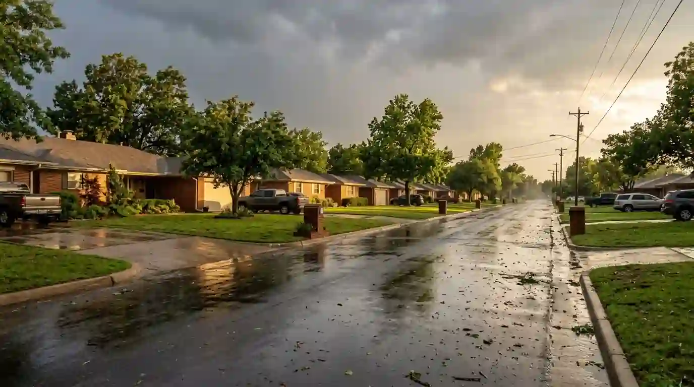 Wet suburban street of brick ranch houses after a spring storm