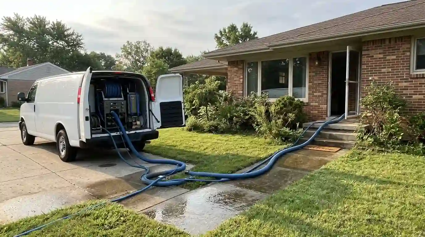 Truck-mount extraction hoses run from the driveway into a ranch home