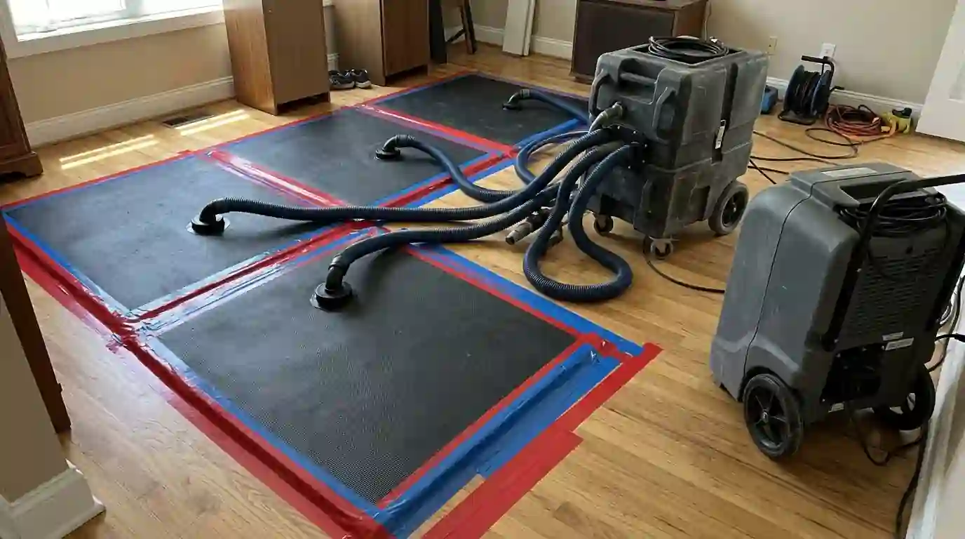 Floor drying mats on a hardwood floor
