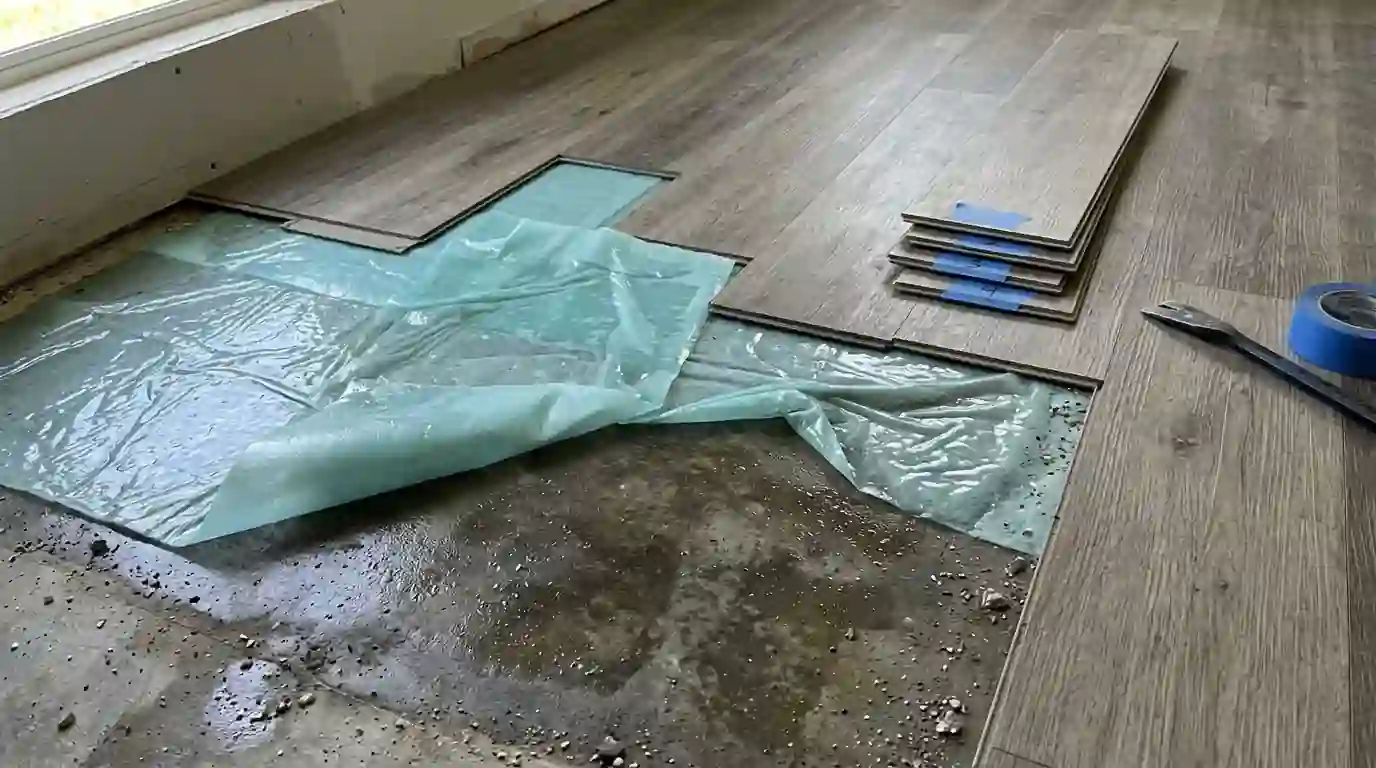 Vinyl plank lifted and labeled to dry the slab