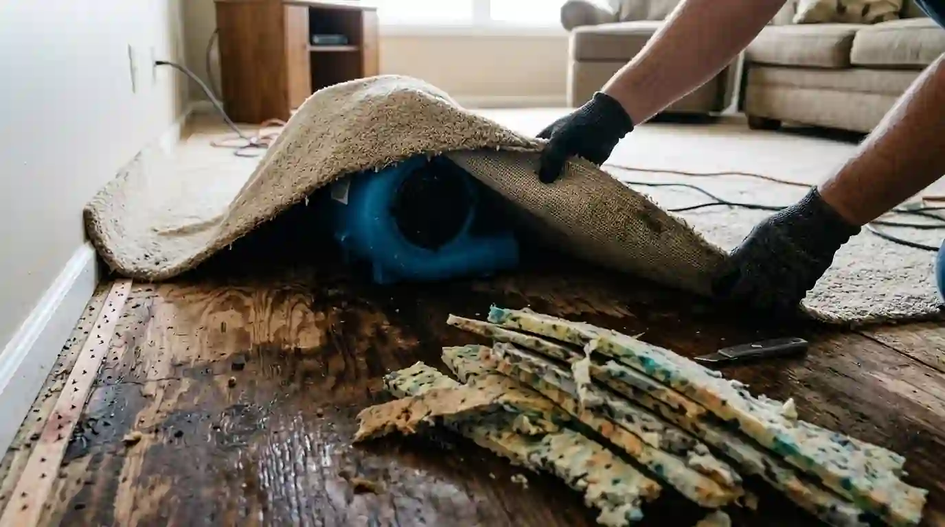 Wet carpet floated with an air mover and the soaked pad removed in strips