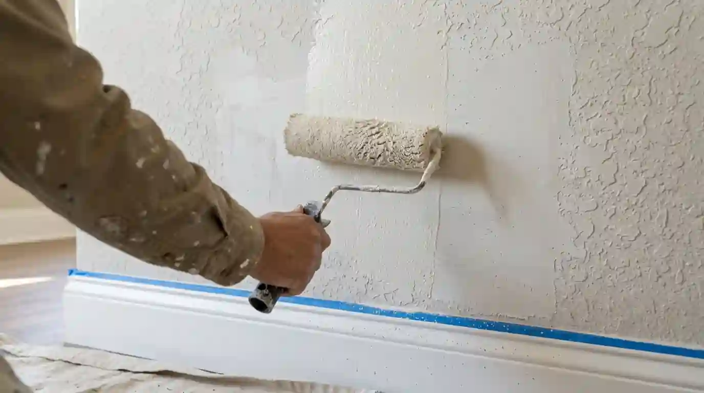 Repaired wall being painted with matching texture