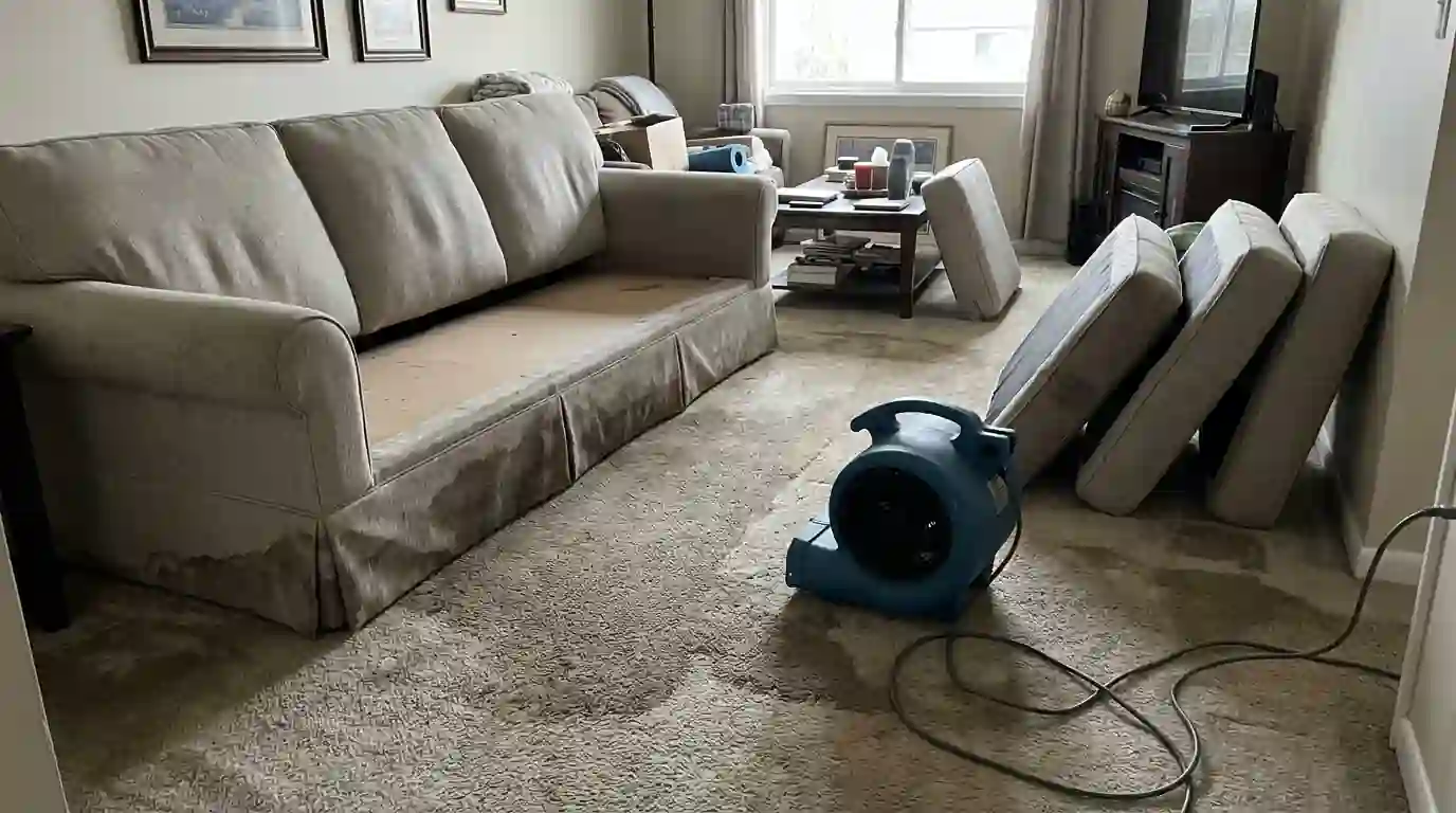Water-damaged sofa being dried in an Oklahoma City living room