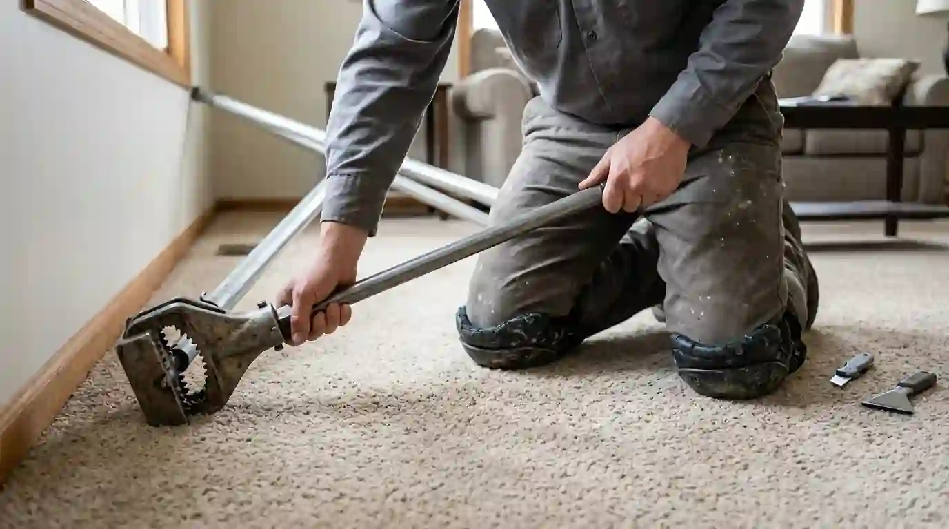 Dried carpet being re-stretched with a power stretcher