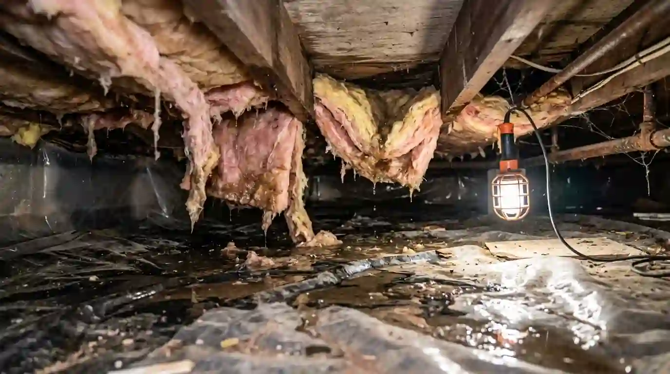 Wet insulation sagging between crawl space joists