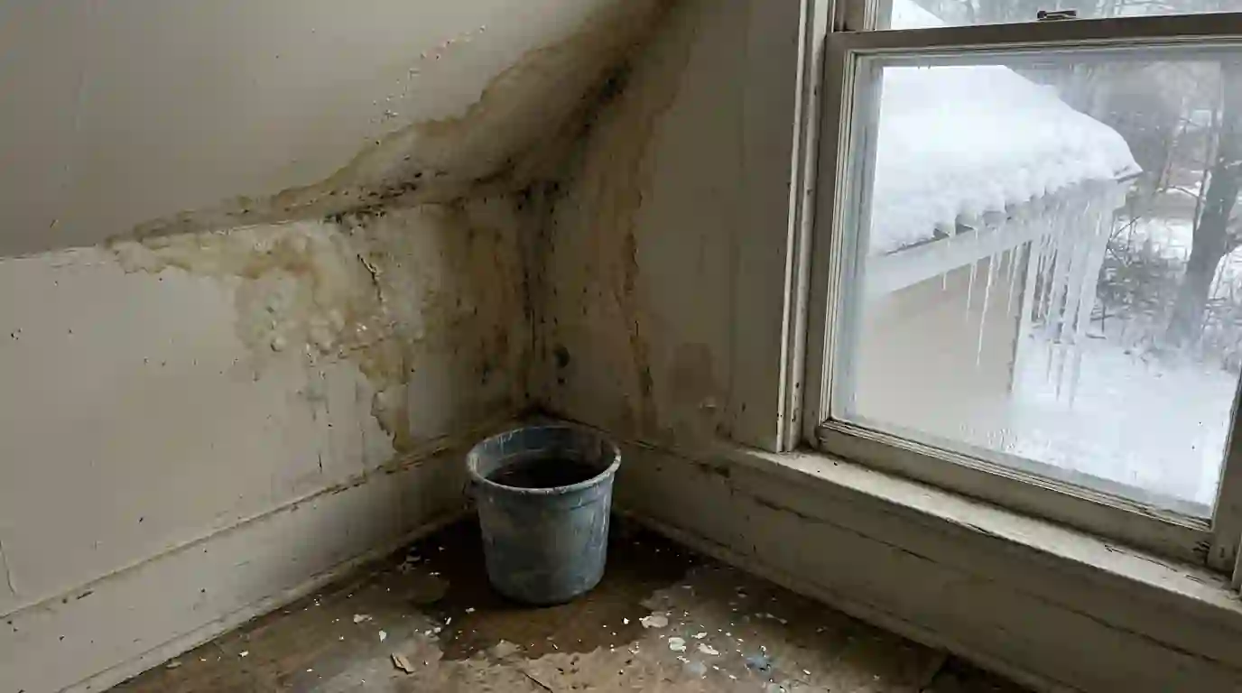 Ceiling stain along an exterior wall after ice built up at the roof edge