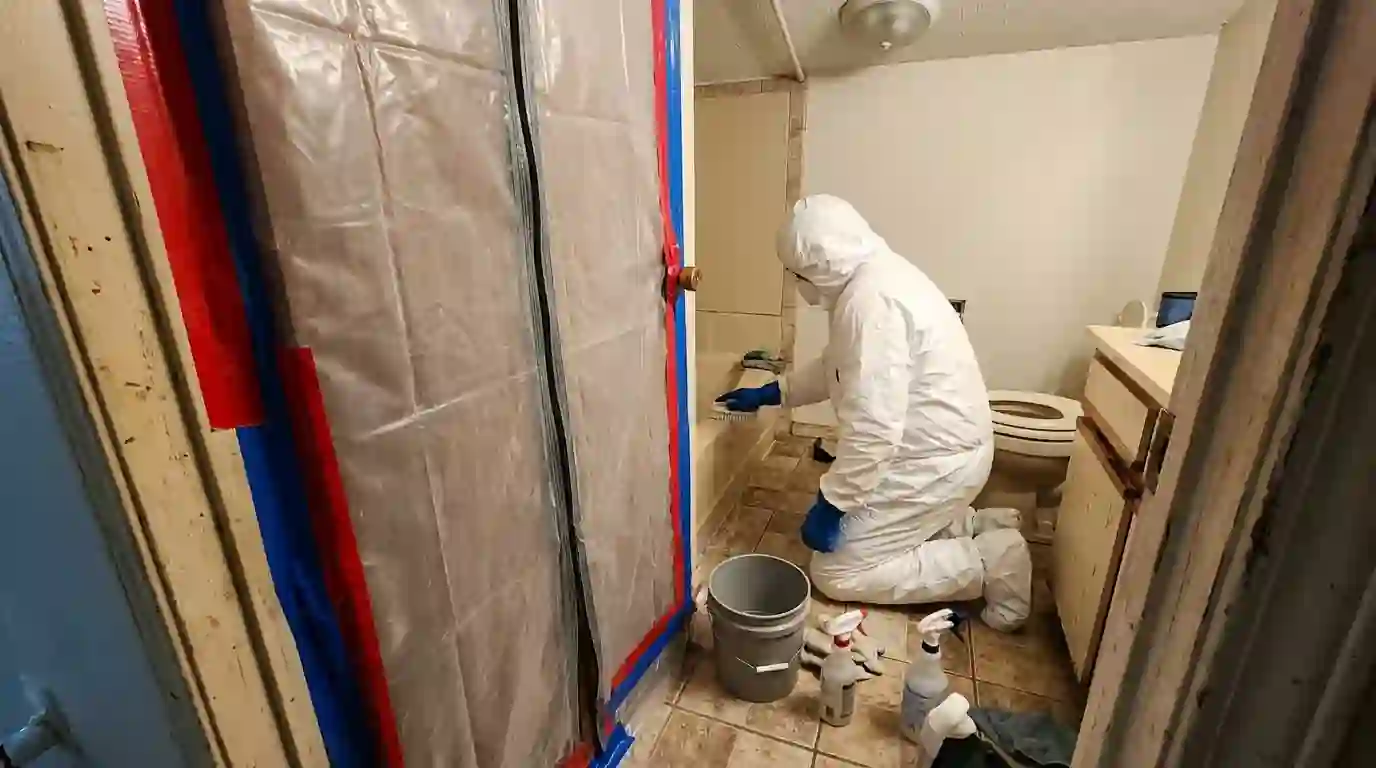 Containment set up for sewage cleanup in an Oklahoma City bathroom