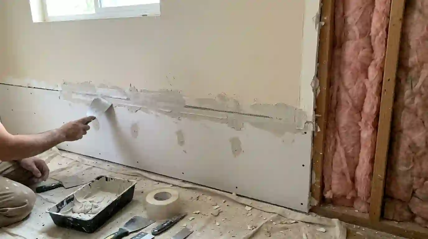 New drywall being finished after water damage in Oklahoma City