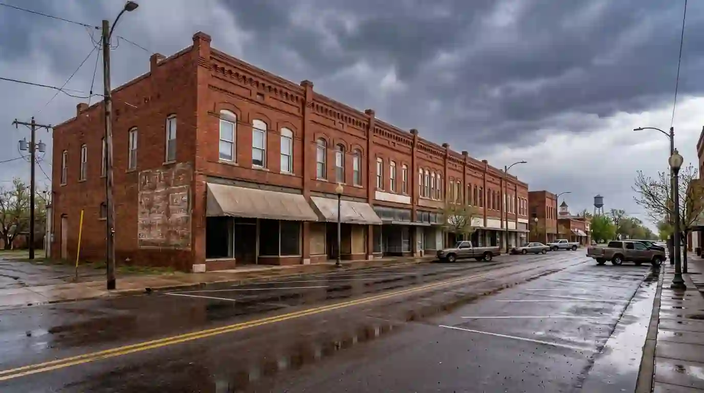 Historic downtown storefronts in El Reno under a stormy sky