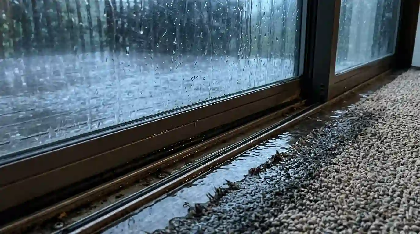 Rain forced past a patio slider onto the carpet edge