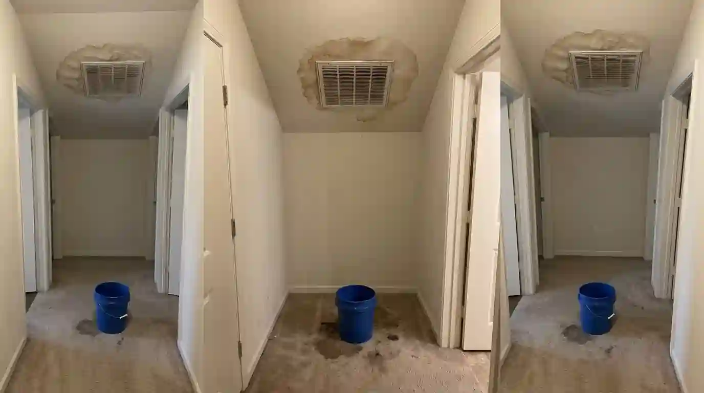 Ceiling stain around a supply vent below an attic air handler