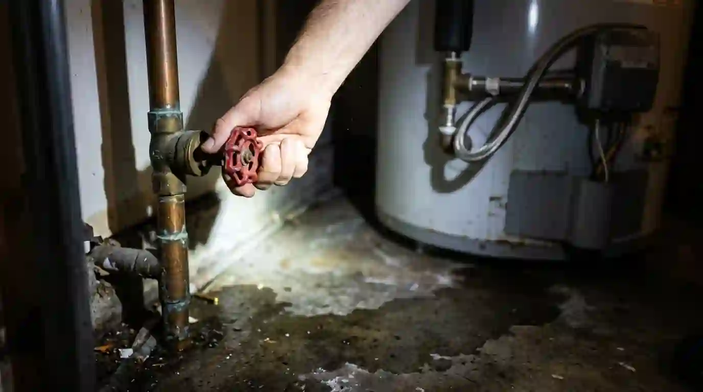 Main water shutoff valve being closed in a garage