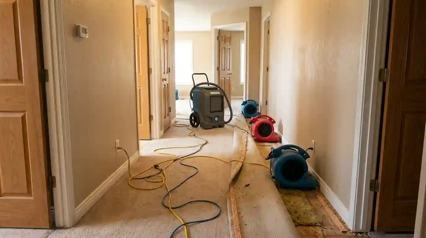Air movers and a dehumidifier drying a hallway in an Oklahoma City home