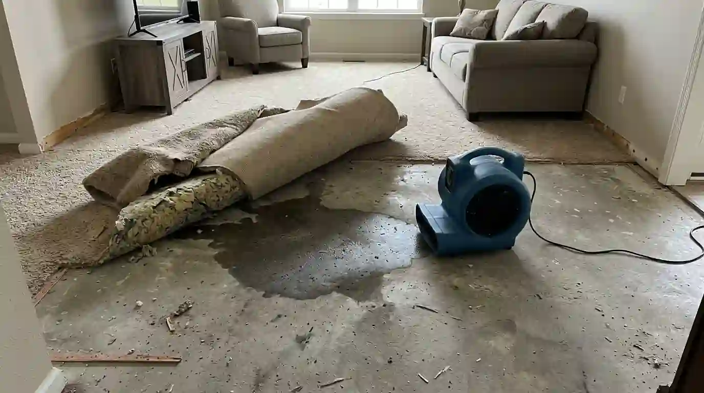 Wet slab exposed under carpet after a slab leak in Oklahoma City