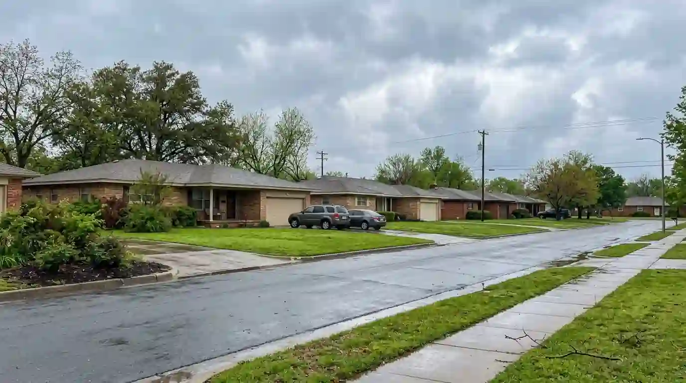 Ranch homes in an Oklahoma County suburb after rain