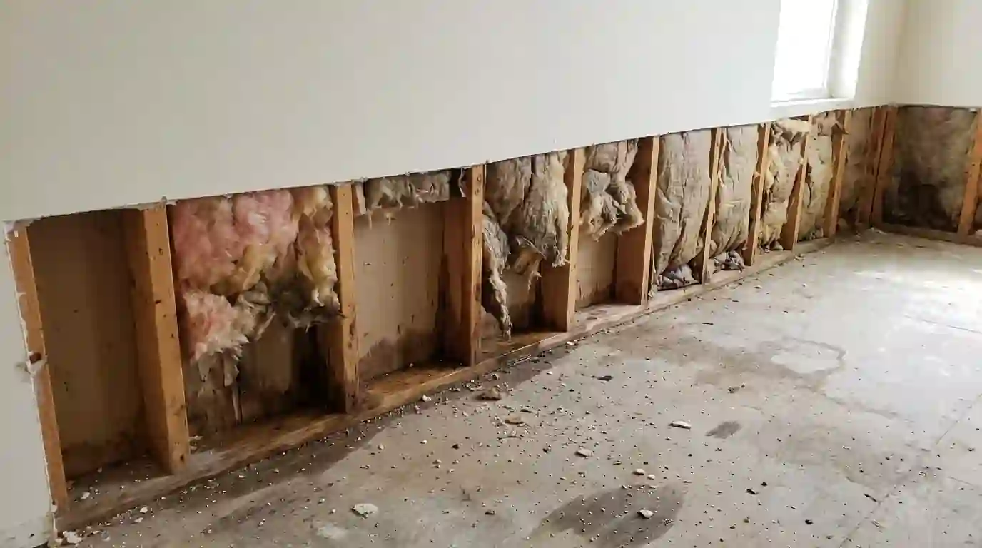 Flood cut exposing studs and wet insulation