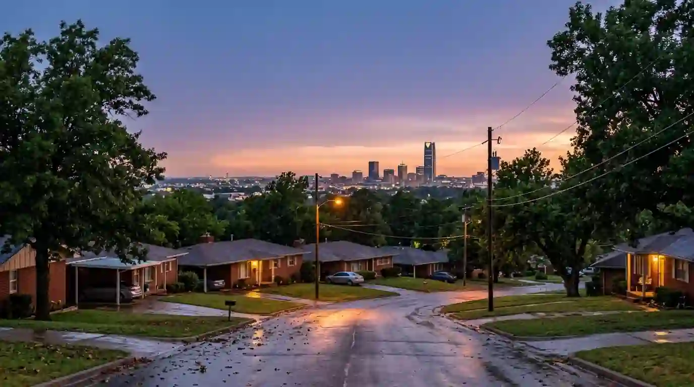 Oklahoma City skyline seen from a northwest residential area at dusk