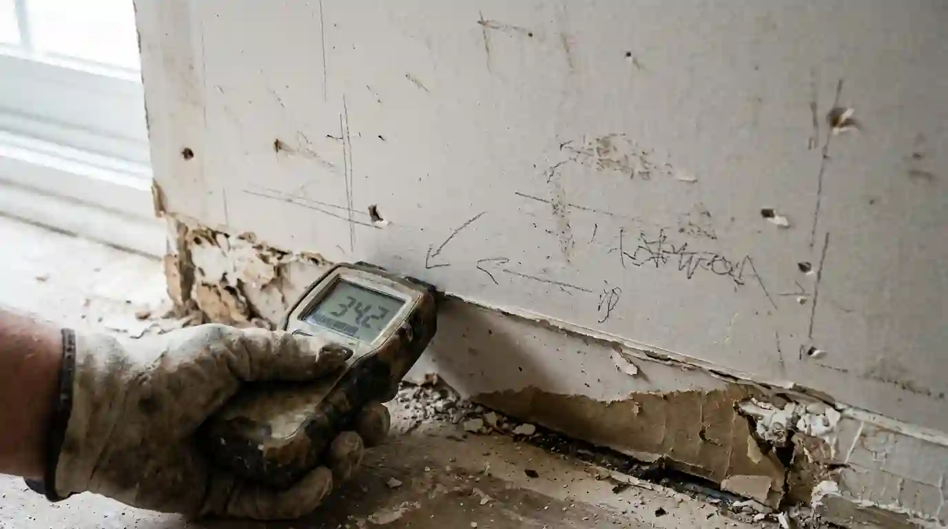 Moisture meter reading on drywall during drying