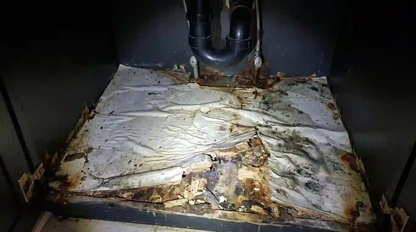 Swollen particleboard sink base floor after a leak