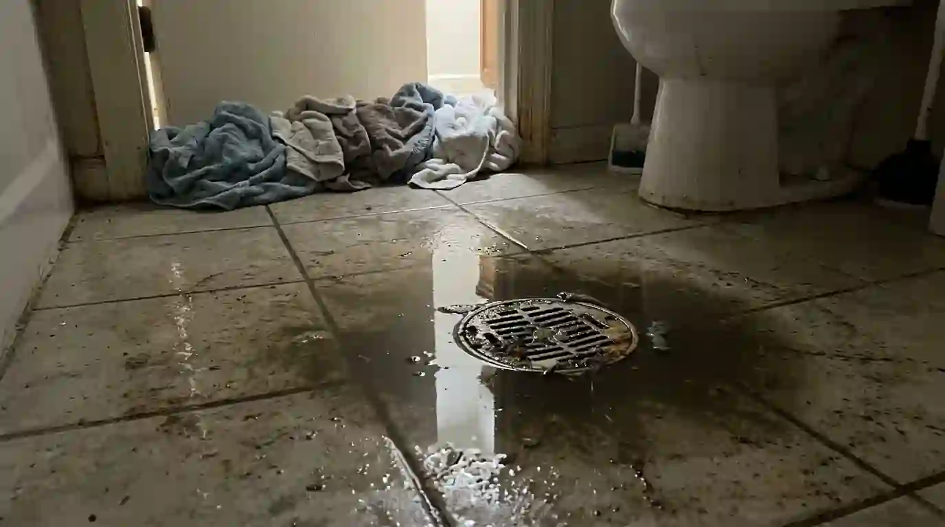 Sewage backup around a bathroom floor drain