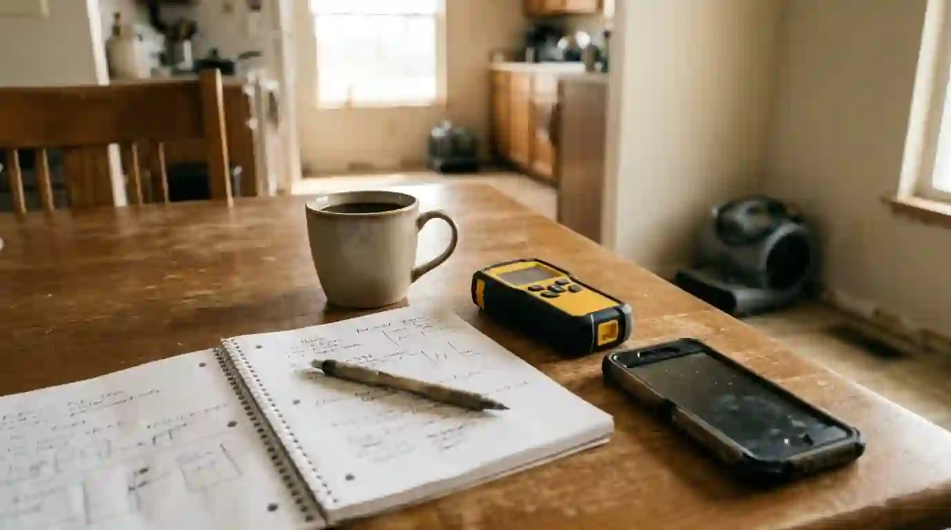 Moisture meter, notebook and phone on a kitchen table after a leak