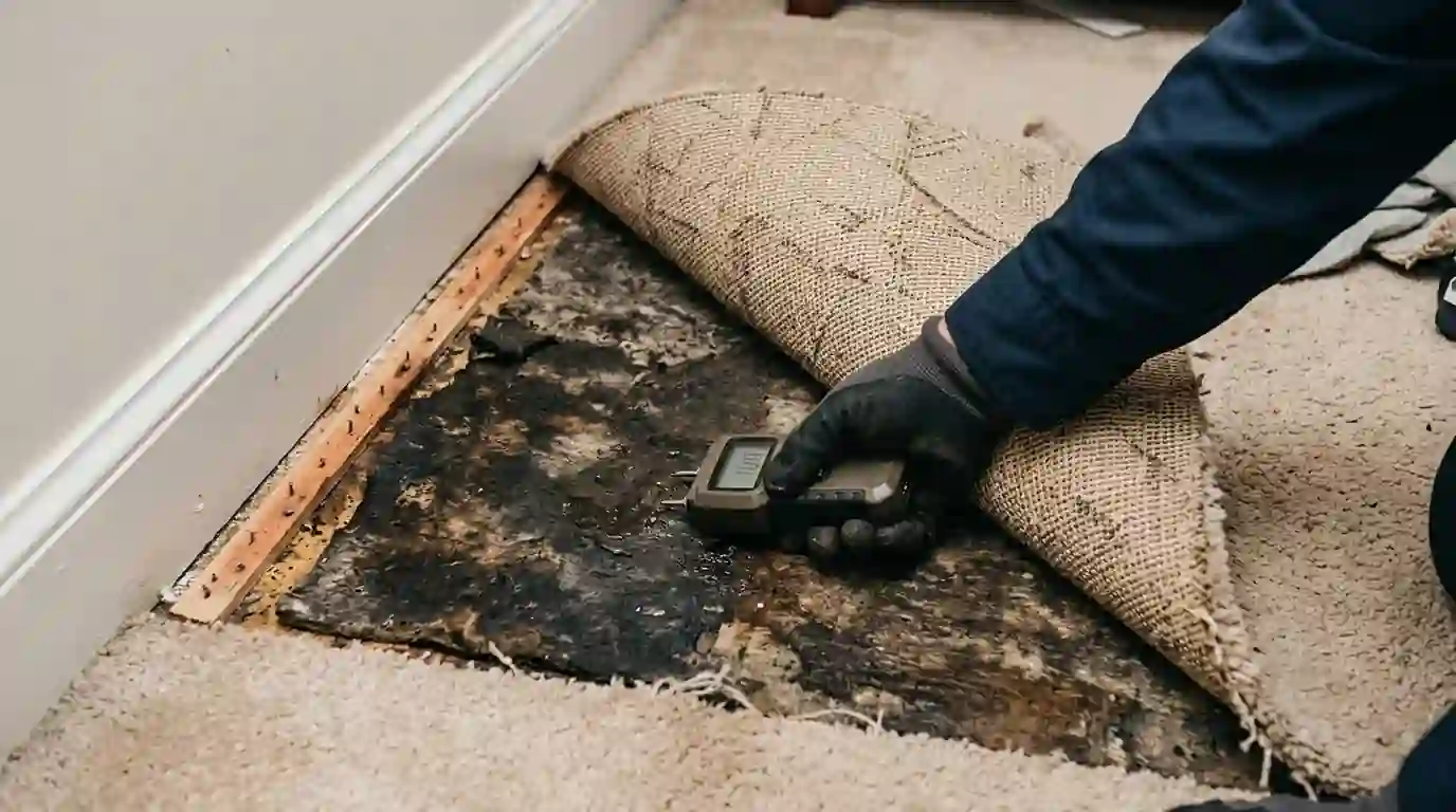 Damp carpet pad found under a musty-smelling carpet in Oklahoma City